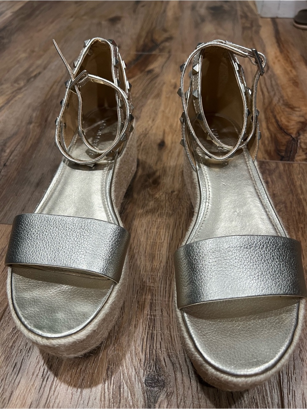 Marc Fisher Silver Espadrille Wedge Sandals with Studded Ankle Straps
